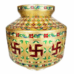 Swastik Designed, Meenakari Decorated, Stainless Steel Pot Set - 2 Pots With Top Lid G.M. -